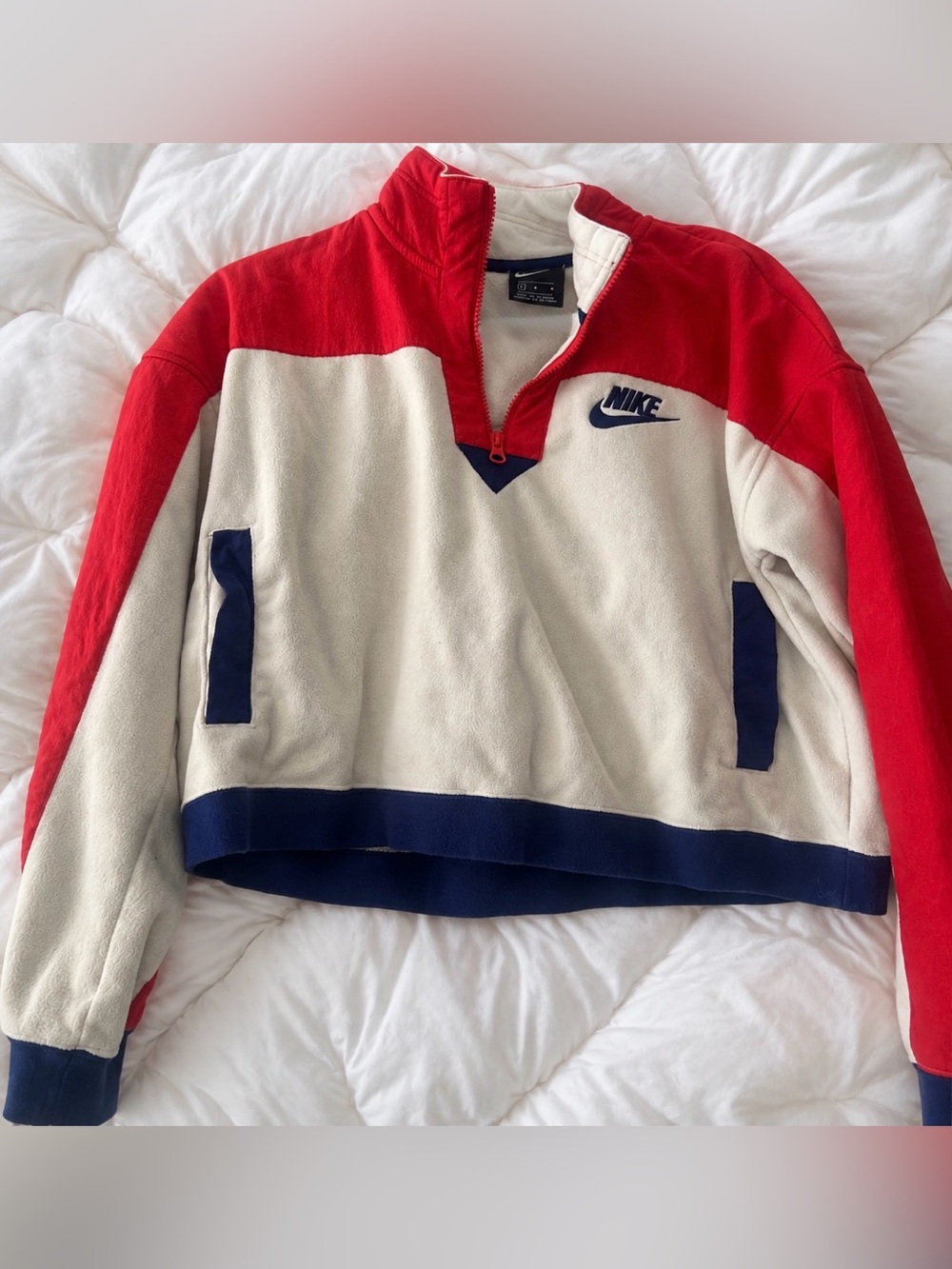 Vintage Nike Colorblock Cropped Fleece Quarter Zip Pullover Red Cream Navy M - Picture 3 of 4